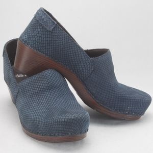 Dansko Clogs W/ Snake Pattern in Blue Suede